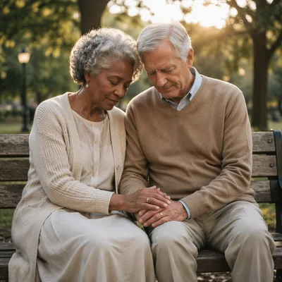 Elderly Couple Praying on Park Bench