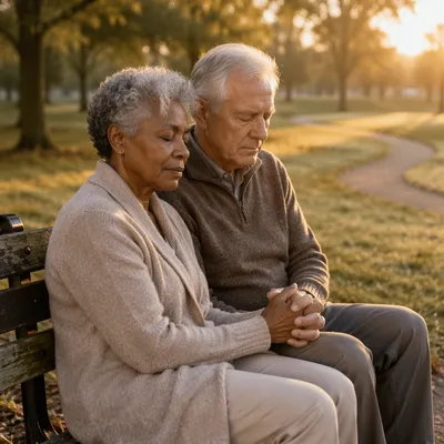Elderly Couple Praying on Park Bench