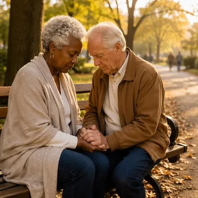 Elderly Couple Praying on Park Bench