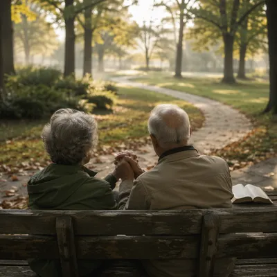 Elderly Couple Praying on Autumn Park Bench