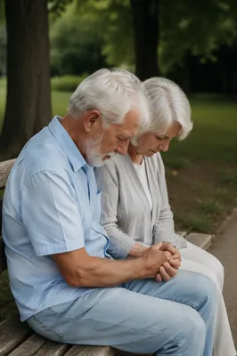 Elderly Couple Praying on Park Bench