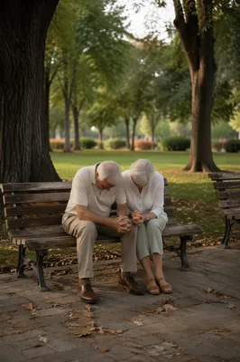 Elderly Couple Praying on Park Bench