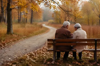 Elderly Couple Praying on Autumn Park Bench