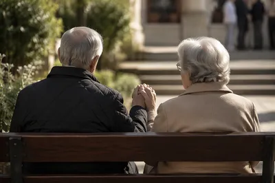 Elderly Couple Praying on Park Bench