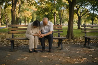 Elderly Couple Praying on Park Bench