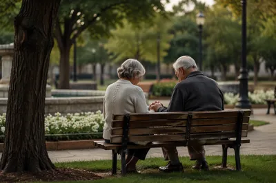 Elderly Couple Praying on Park Bench