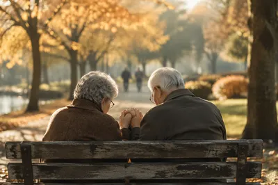 Elderly Couple Praying on Autumn Park Bench