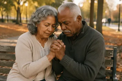 Elderly Couple Praying on Park Bench