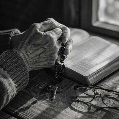 Elderly Hands Holding Rosary in Prayer