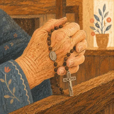 Elderly Hands Praying With Wooden Rosary