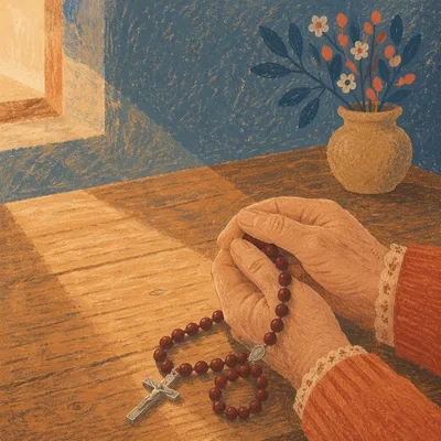 Elderly Hands Holding Rosary in Prayer
