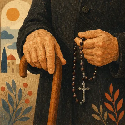 Elderly Hands Holding Rosary in Prayer