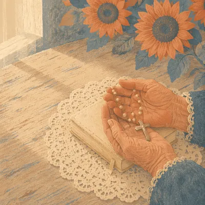 Elderly Hands Holding Rosary in Prayer