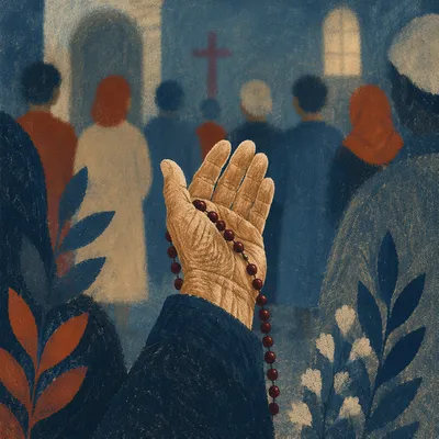 Elderly Hands Holding Rosary in Prayer