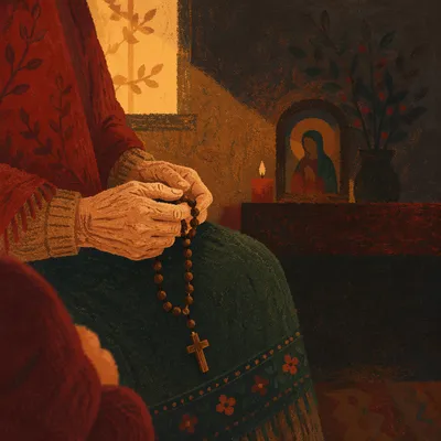 Elderly Hands Holding Rosary in Prayer