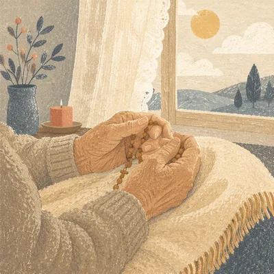Elderly Hands Holding Rosary in Prayer