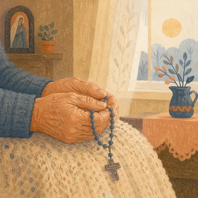 Elderly Hands Holding Rosary in Prayer