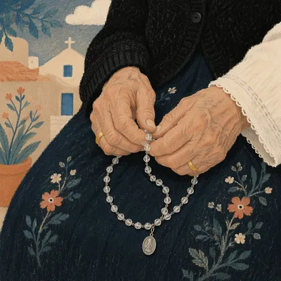 Elderly Hands Holding Rosary in Prayer