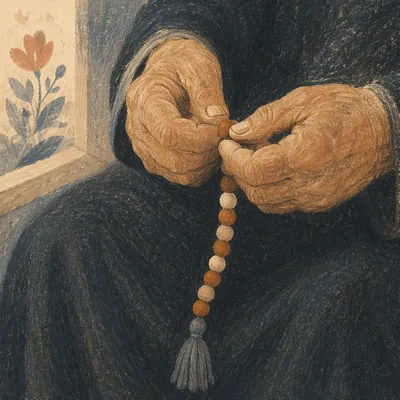 Elderly Hands Holding Rosary in Prayer