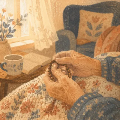 Elderly Hands Holding Wooden Prayer Beads