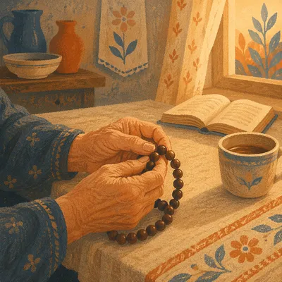 Elderly Hands Holding Rosary in Morning Prayer