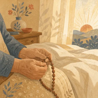 Elderly Hands Holding Rosary Beads at Dawn
