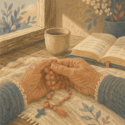 Elderly Hands Holding Rosary in Morning Prayer