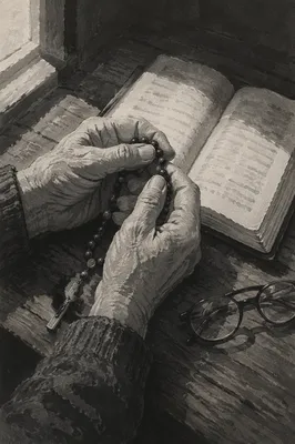 Elderly Hands Holding Rosary in Prayer