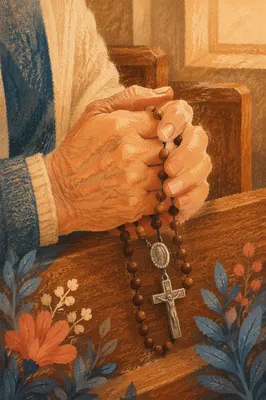 Elderly Hands Praying With Wooden Rosary