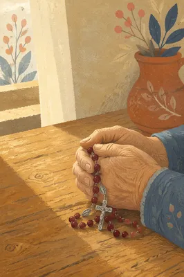Elderly Hands Holding Rosary in Prayer