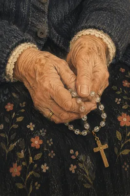 Elderly Hands Holding Rosary in Prayer