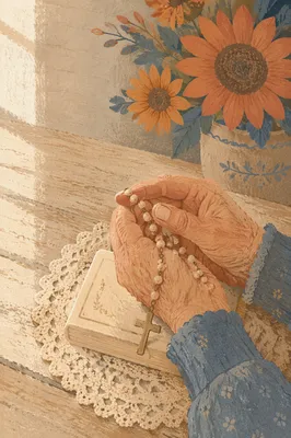 Elderly Hands Holding Rosary in Prayer
