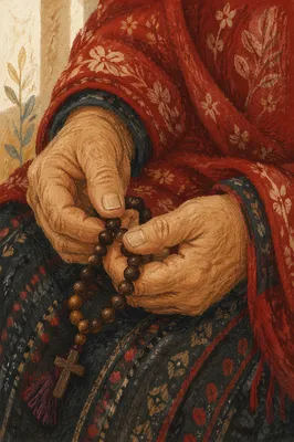 Elderly Hands Holding Rosary Beads in Prayer