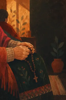 Elderly Hands Praying With Wooden Rosary