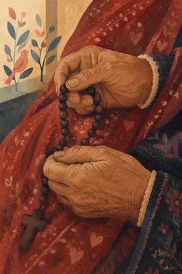 Elderly Hands Holding Rosary in Prayer