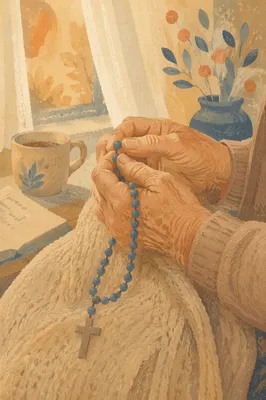 Elderly Hands Holding Rosary in Prayer