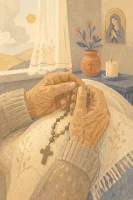 Elderly Hands Holding Rosary in Prayer
