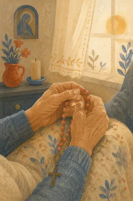 Elderly Hands Holding Rosary in Prayer
