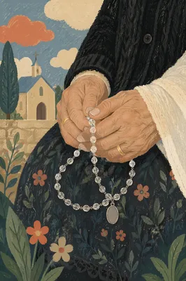 Elderly Hands Holding Rosary in Prayer
