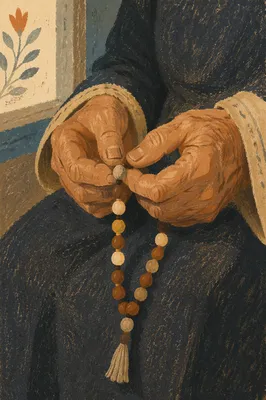 Elderly Hands Holding Rosary in Prayer