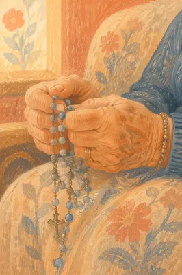 Elderly Hands Holding Rosary in Prayer