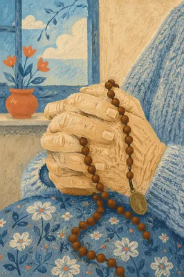 Elderly Hands Holding Rosary in Prayer