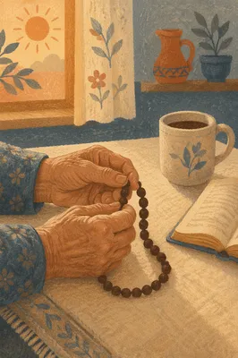 Elderly Hands Holding Rosary in Morning Prayer