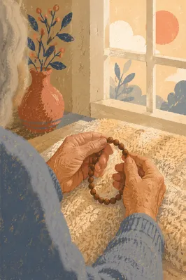 Elderly Hands Holding Rosary in Morning Light