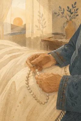 Elderly Hands Holding Rosary at Dawn