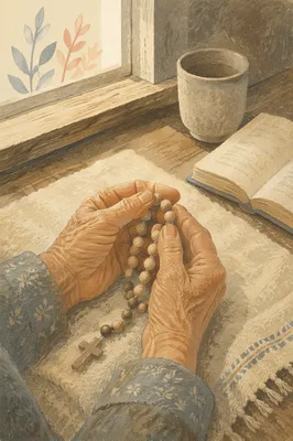 Elderly Hands Holding Rosary in Morning Prayer
