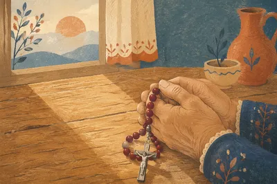 Elderly Hands Praying With Red Rosary