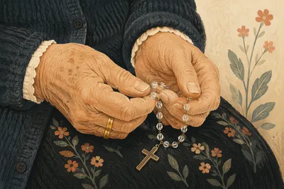 Elderly Hands Holding Rosary in Prayer