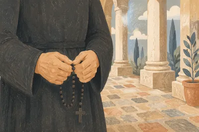Elderly Hands Holding Rosary in Stone Colonnade