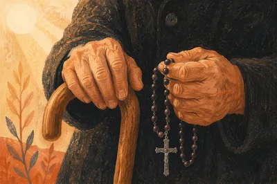 Elderly Hands Holding Rosary in Prayer